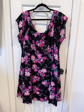 torrid Off the shoulder Black Mini Dress with Pink Floral Print